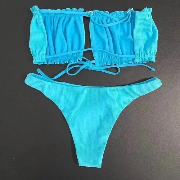 Free People Toast Scoop Ribbed Ruffle Bikini Set Bandeaux Top Hi Hip Bottom New - Picture 9 of 13